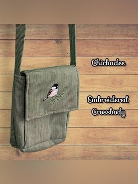 Chickadee Embroidered Green Stripe Fabric Crossbody Bag